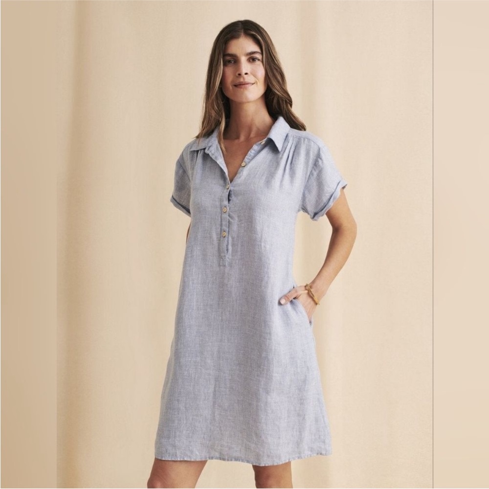 Faherty Linen Casual Light Blue Shirt Dress